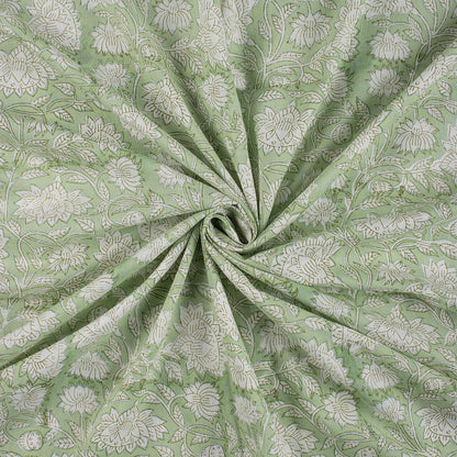 Olive Green Floral Hand Block Prited Fabric by Yard