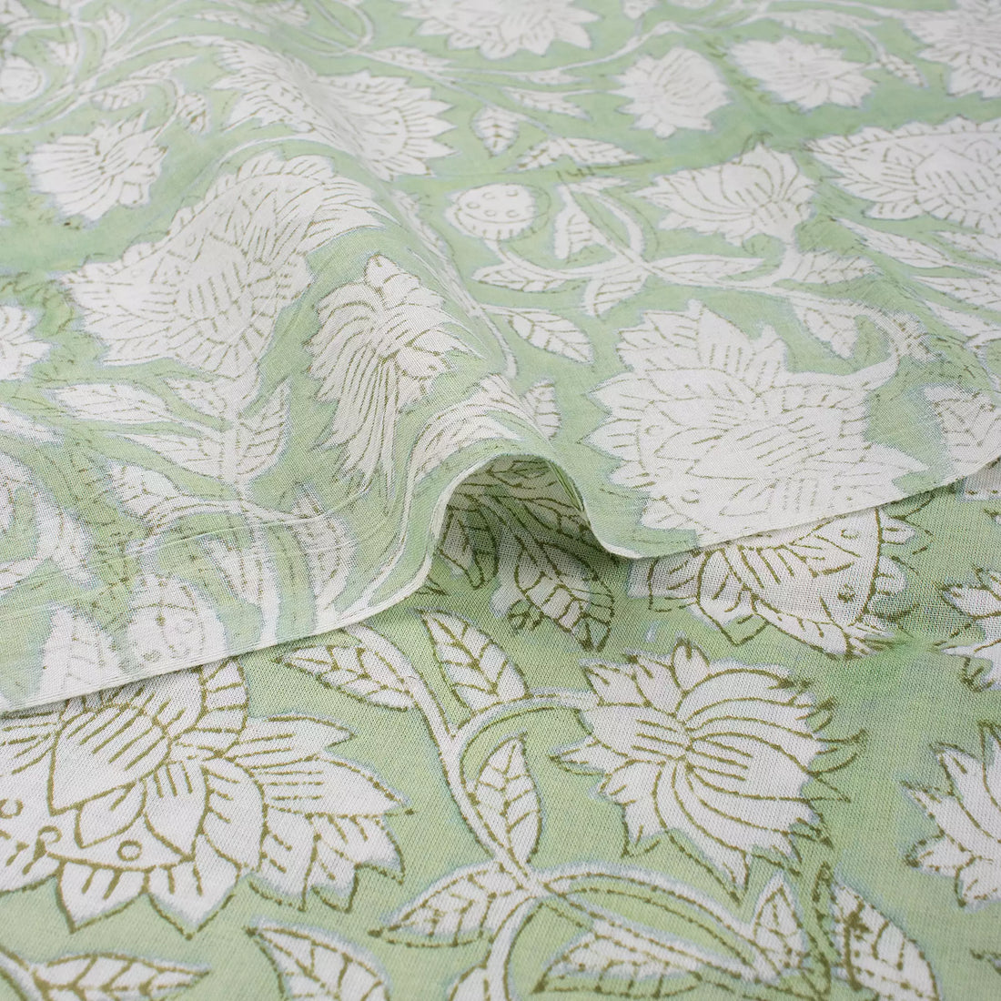 Olive Green Floral Hand Block Prited Fabric by Yard