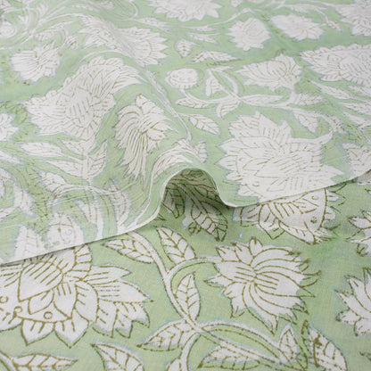 Olive Green Floral Hand Block Prited Fabric by Yard