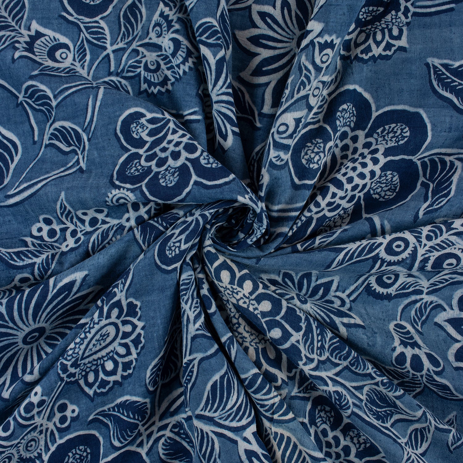 Floral Indigo Blue Hand Block Printed Fabric