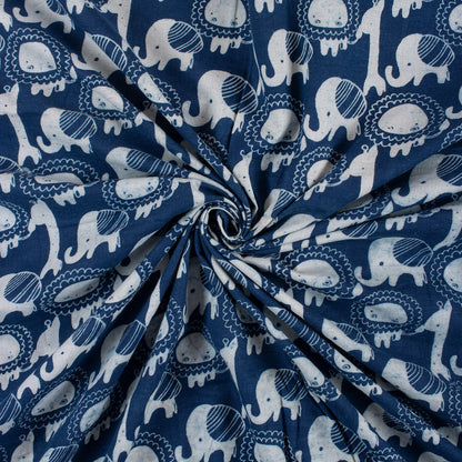 Animal Cotton Indigo Hand Block Printed Fabric