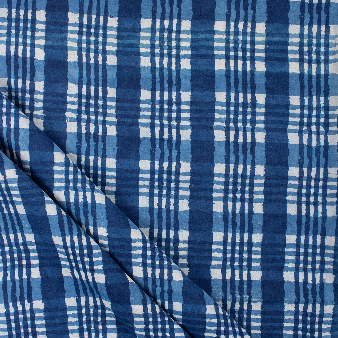 Handmade Indigo Blue Check Printed Cotton Fabric