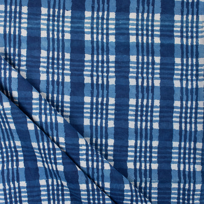Handmade Indigo Blue Check Printed Cotton Fabric