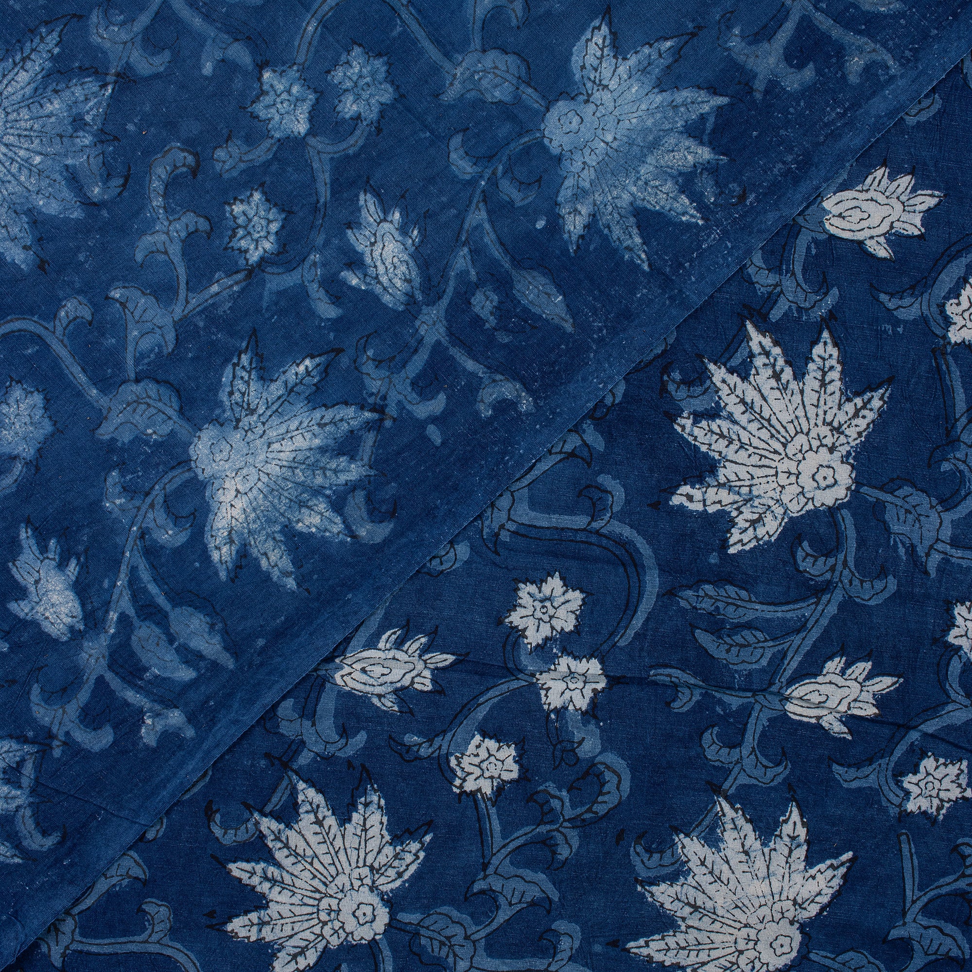 Blue Indigo Dyed Soft Floral Block Printed Fabric