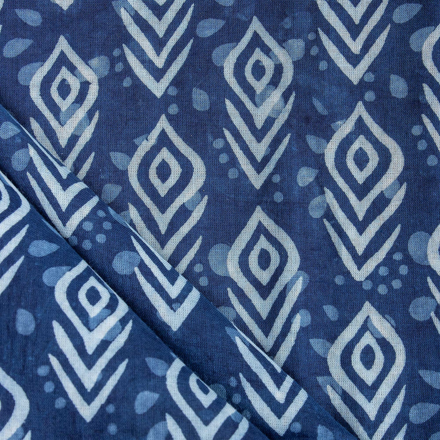 abstract Printed Pure Cotton Fabric Indigo Blue