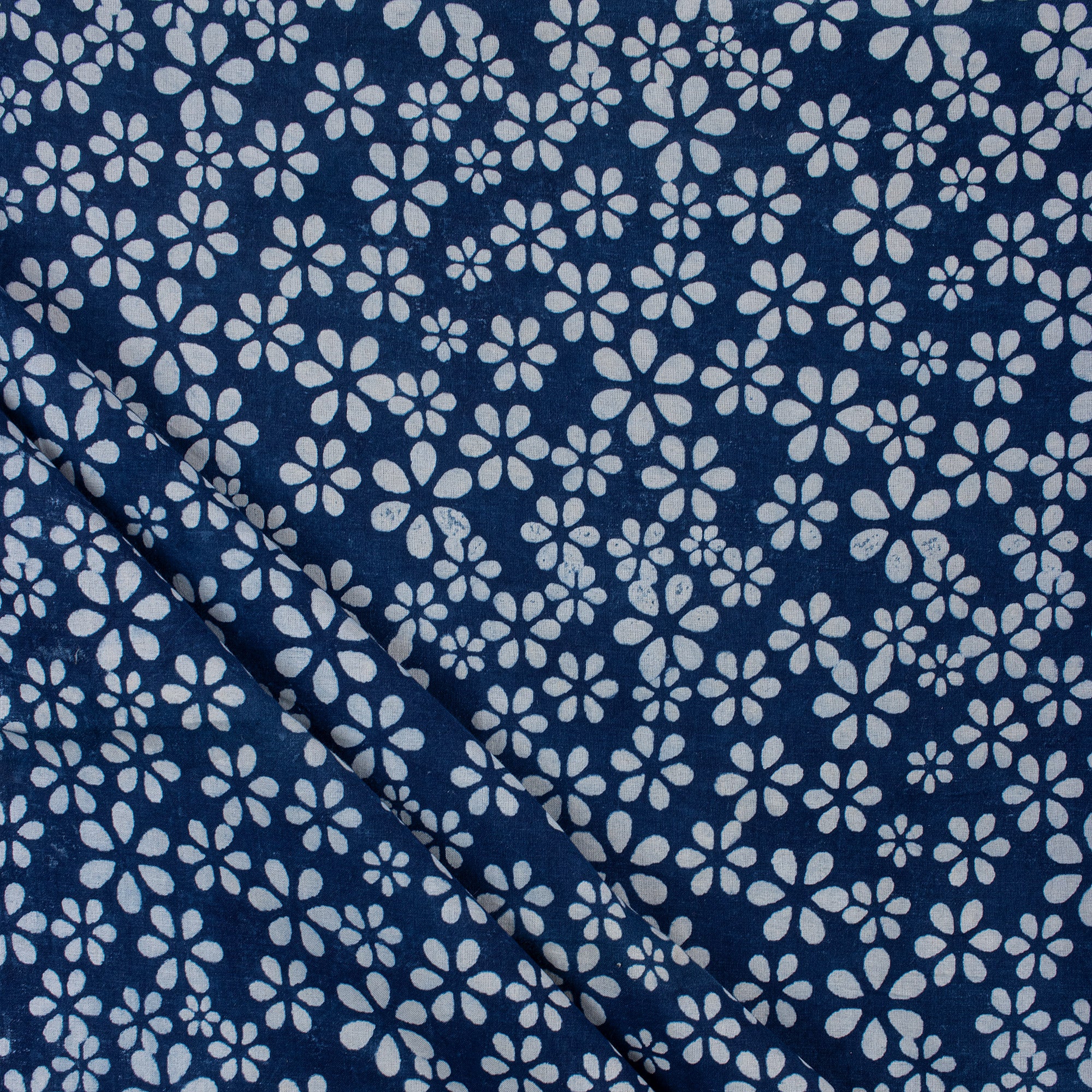 Indigo Blue Floral Hand Block Printed Fabric by Yard