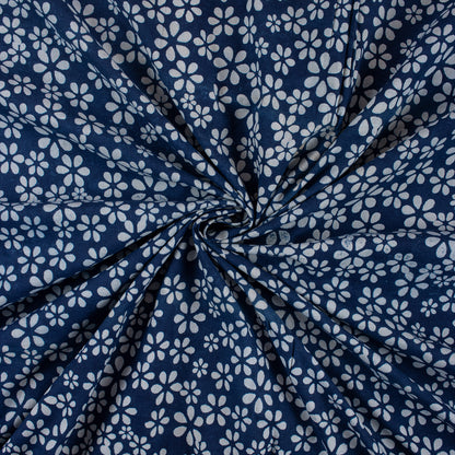 Indigo Blue Floral Hand Block Printed Fabric by Yard