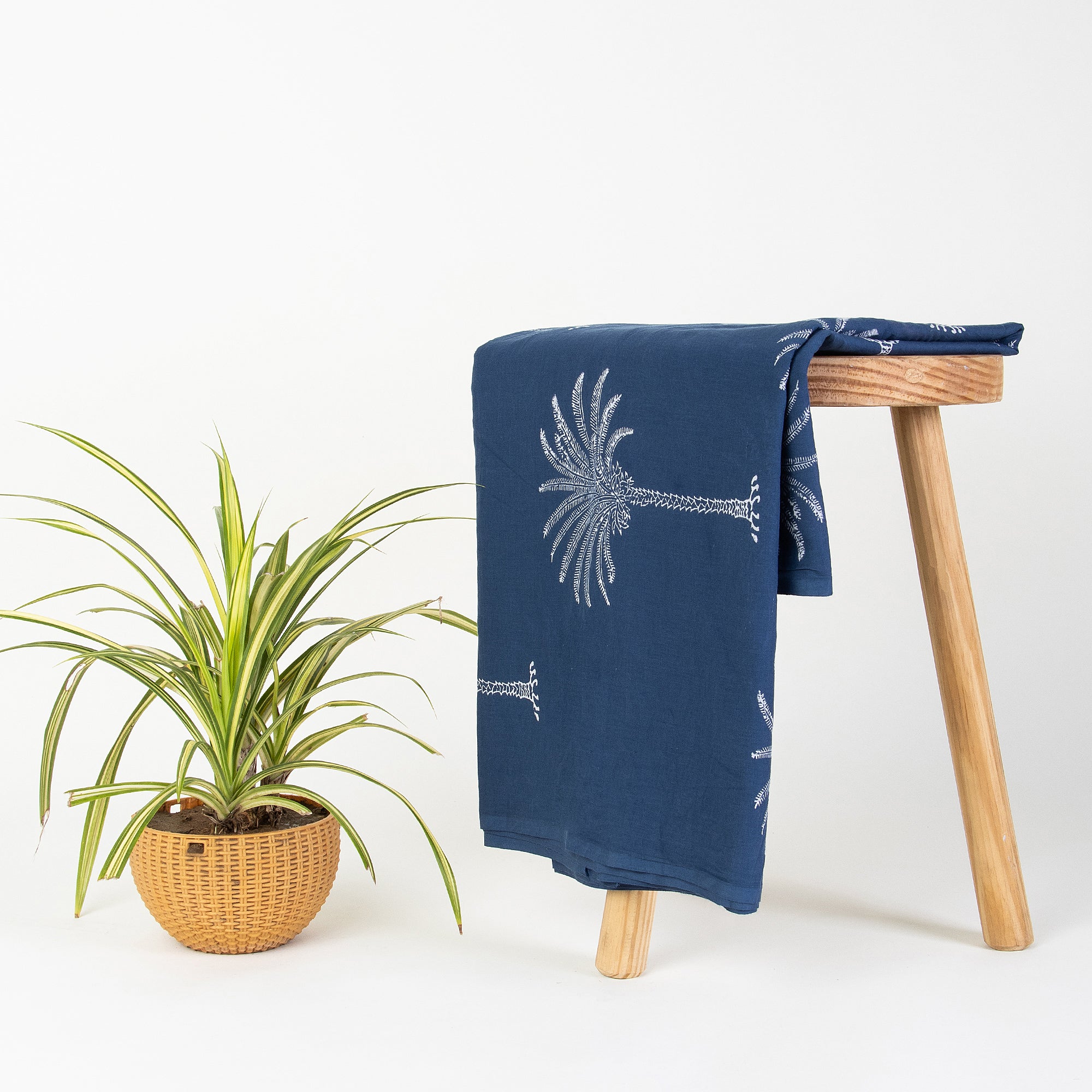 Hand Block Cotton Palm Tree Print Indigo Fabric Online