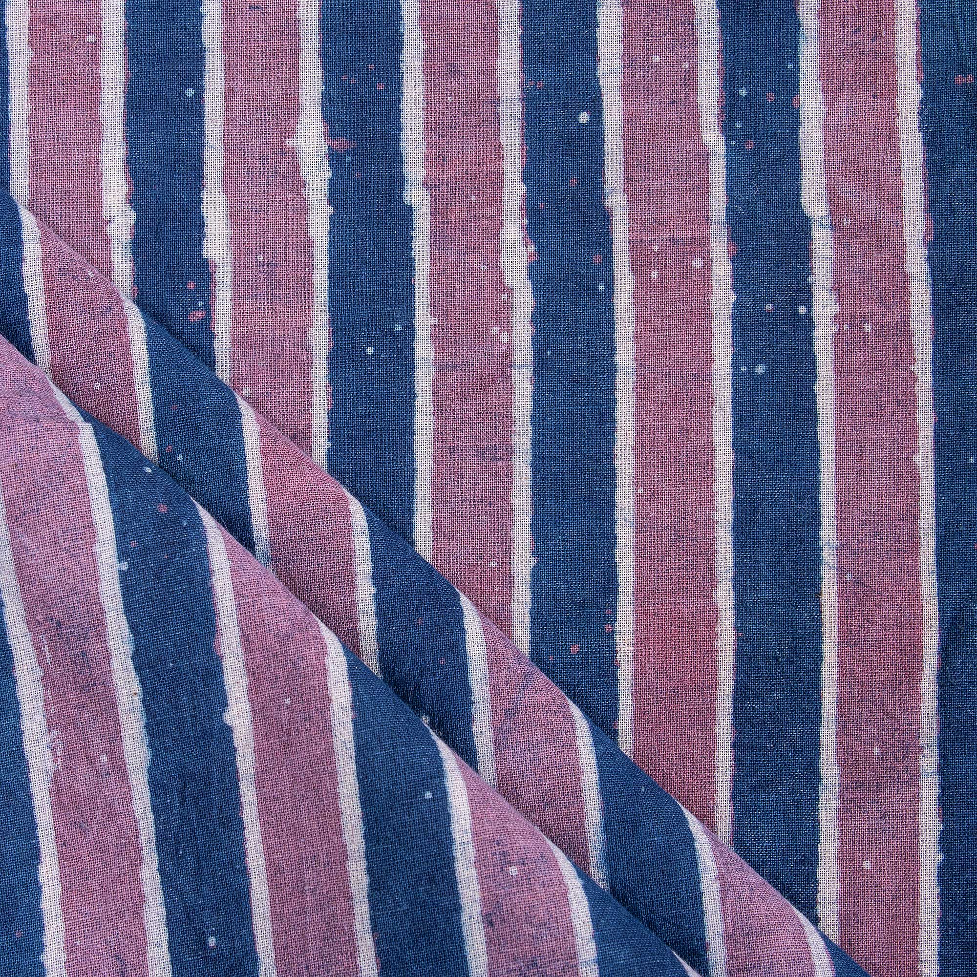 Indigo Blue and Pink Striped Silk Cotton Fabric