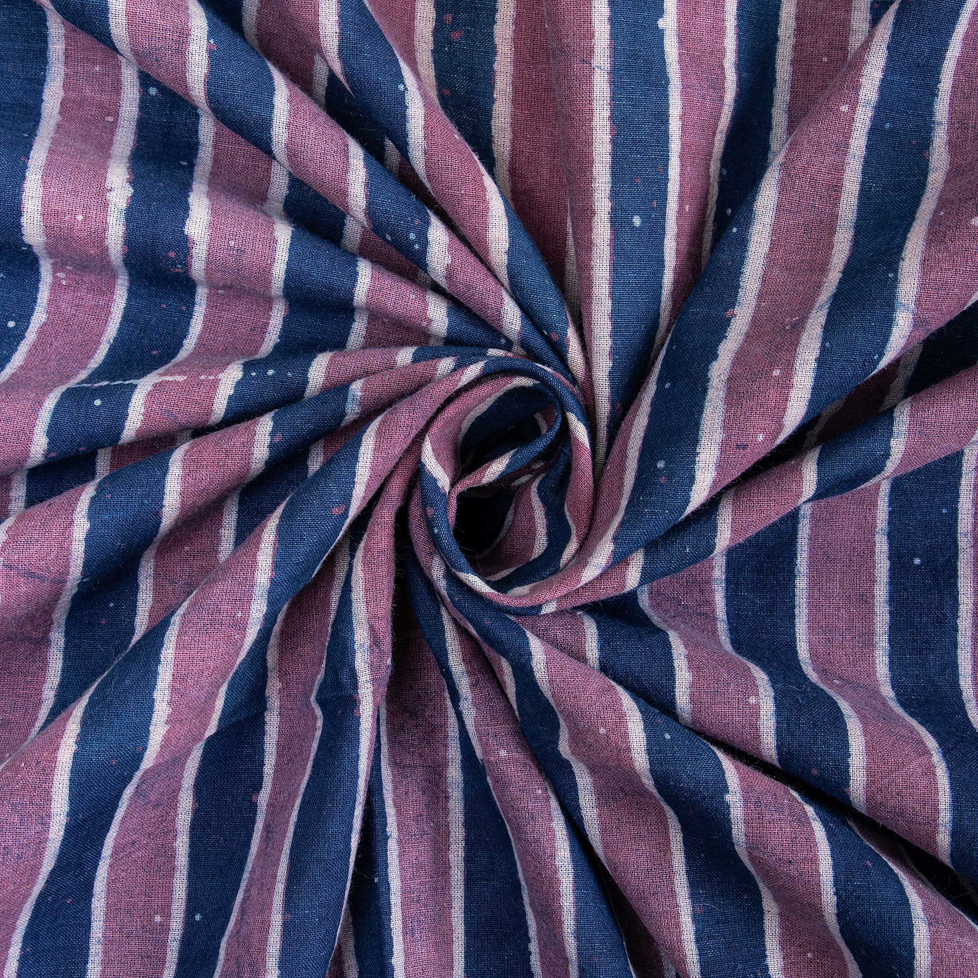 Indigo Blue and Pink Striped Silk Cotton Fabric