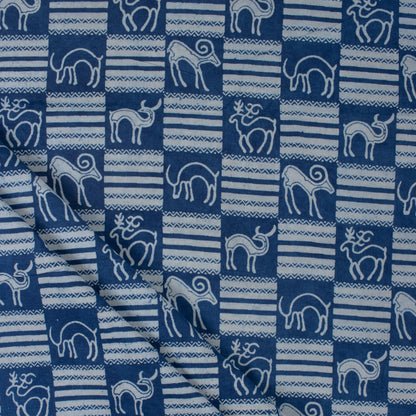 Indigo Blue Animal Block Print 100% Cotton Fabric