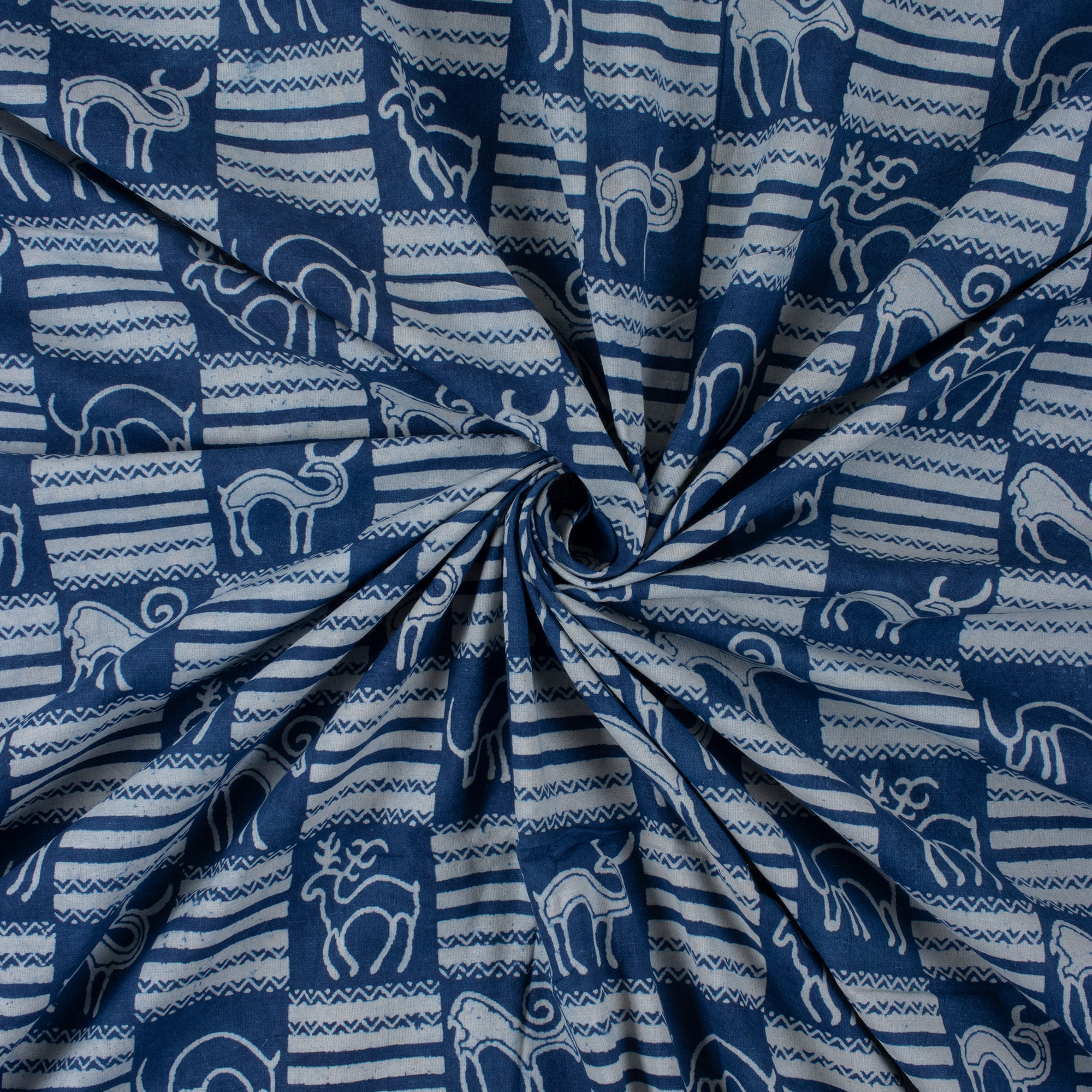 Indigo Blue Animal Block Print 100% Cotton Fabric