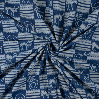 Indigo Blue Animal Block Print 100% Cotton Fabric