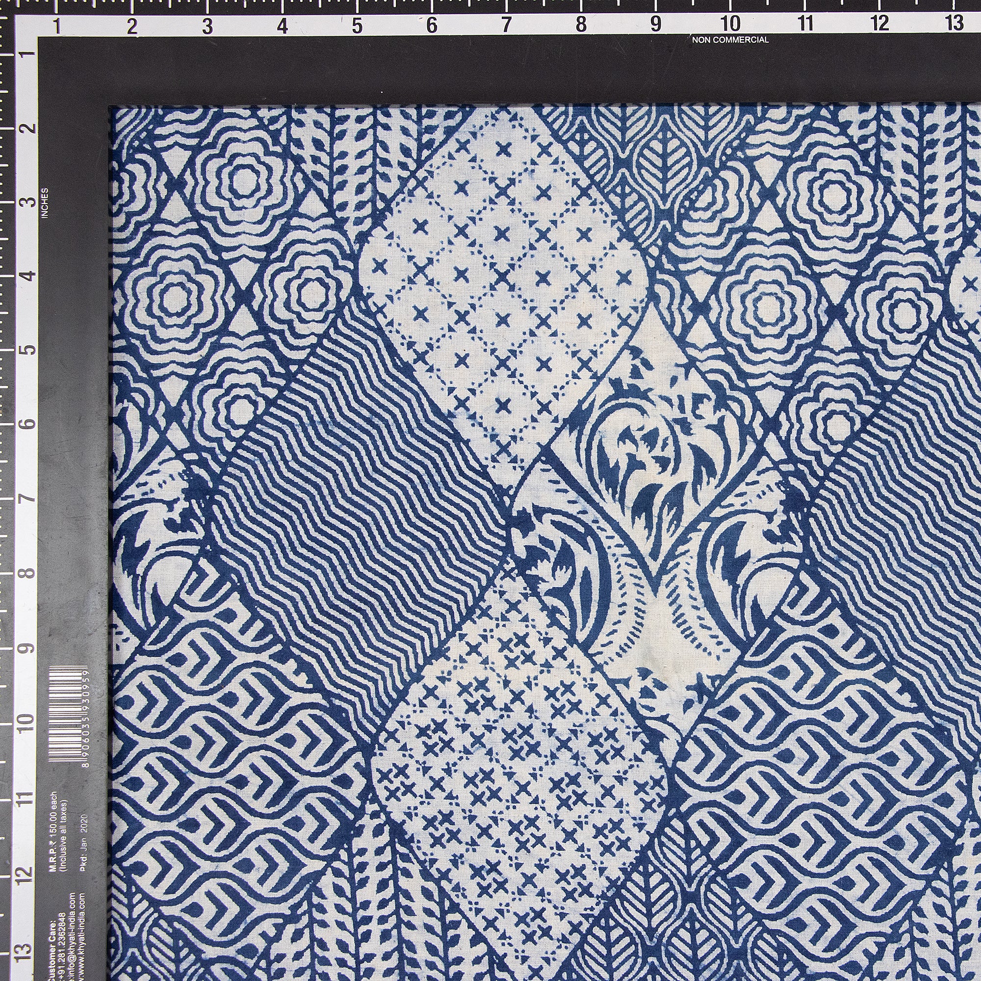 Geometrical Patchwork Indigo Blue Indian Hand Printed Pure Cotton Fabric By Yard