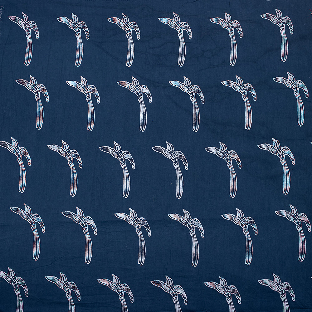 Bird Print Indigo Blue Indian Hand Printed Cotton Fabrics for Kurti