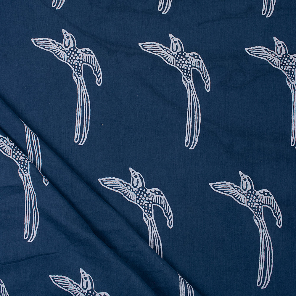 Bird Print Indigo Blue Indian Hand Printed Cotton Fabrics for Kurti