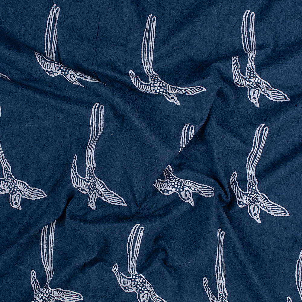 Bird Print Indigo Blue Indian Hand Printed Cotton Fabrics for Kurti