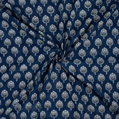 Indigo Blue Floral Cotton Block Print Fabric