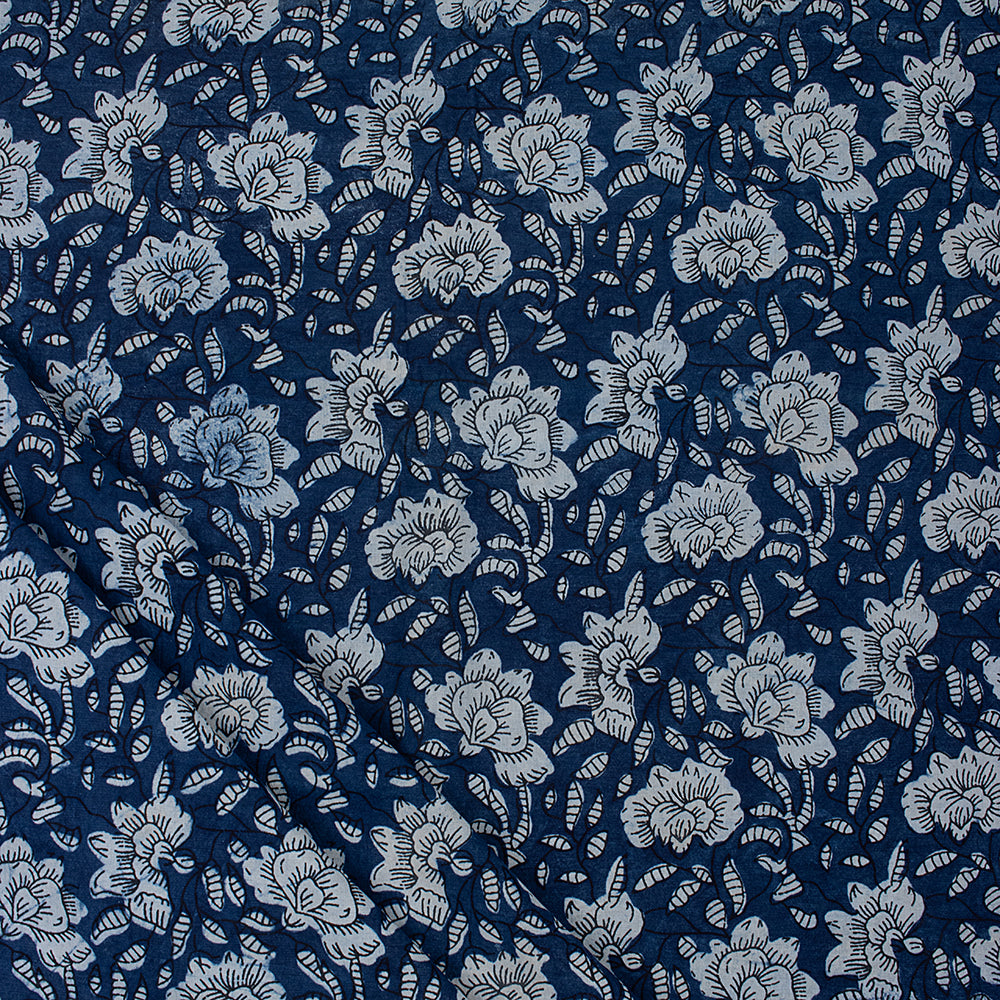 Natural Indigo Blue Floral Hand-Dyed Print Cotton Fabric