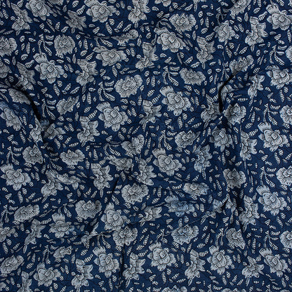 Natural Indigo Blue Floral Hand-Dyed Print Cotton Fabric