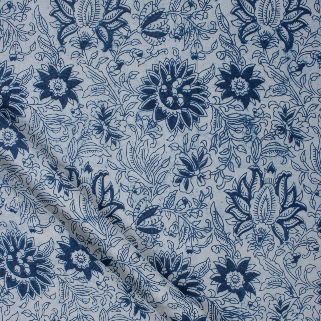 Floral Hand Block Print Indigo Fabric for Dress