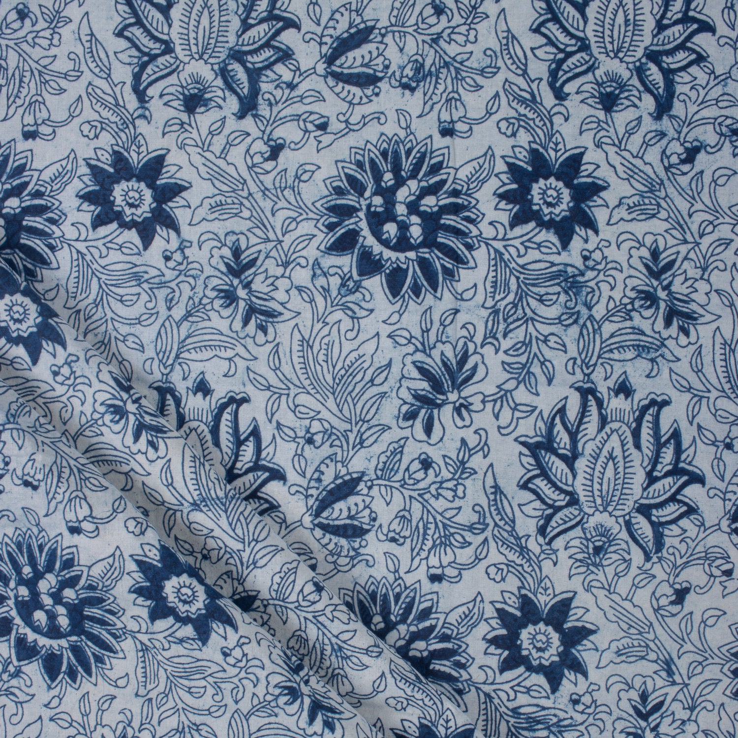 Floral Hand Block Print Indigo Fabric for Dress
