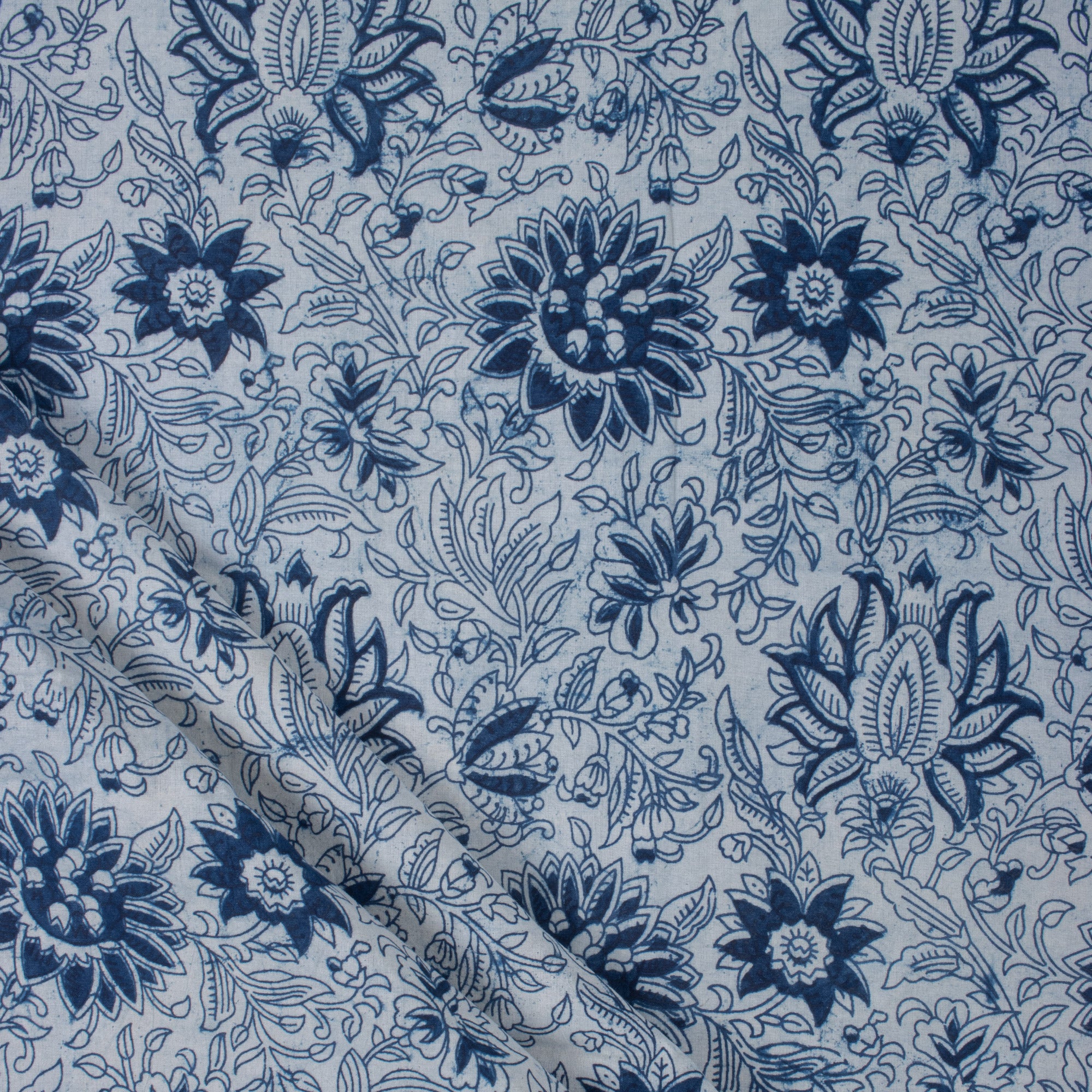 Floral Hand Block Print Indigo Fabric for Dress