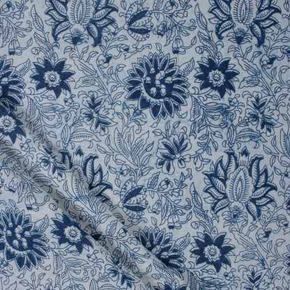 Floral Hand Block Print Indigo Fabric for Dress