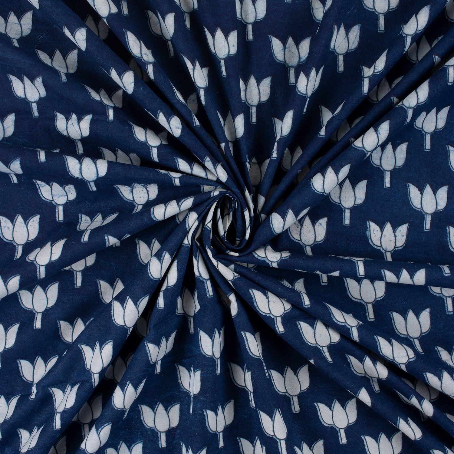 Premium Lotus Flower Hand Block Indigo Print Fabric