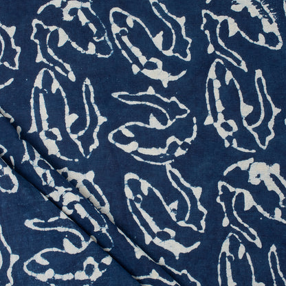 Newly Fish Block Print Indigo Cotton Fabric