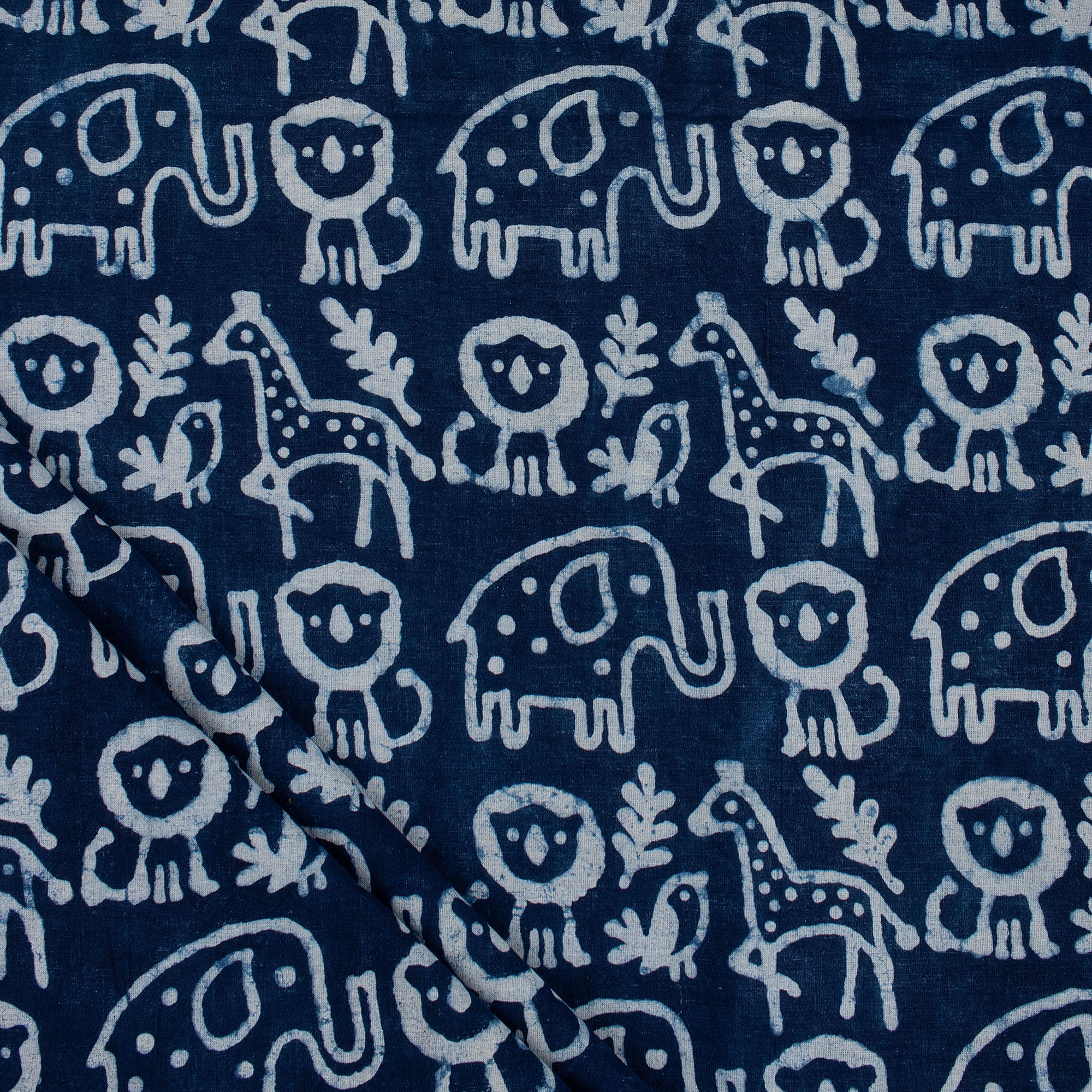 Hand Block Animal Printed Indigo Dye Fabric by the Yard