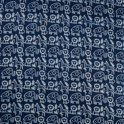 Hand Block Animal Printed Indigo Dye Fabric by the Yard