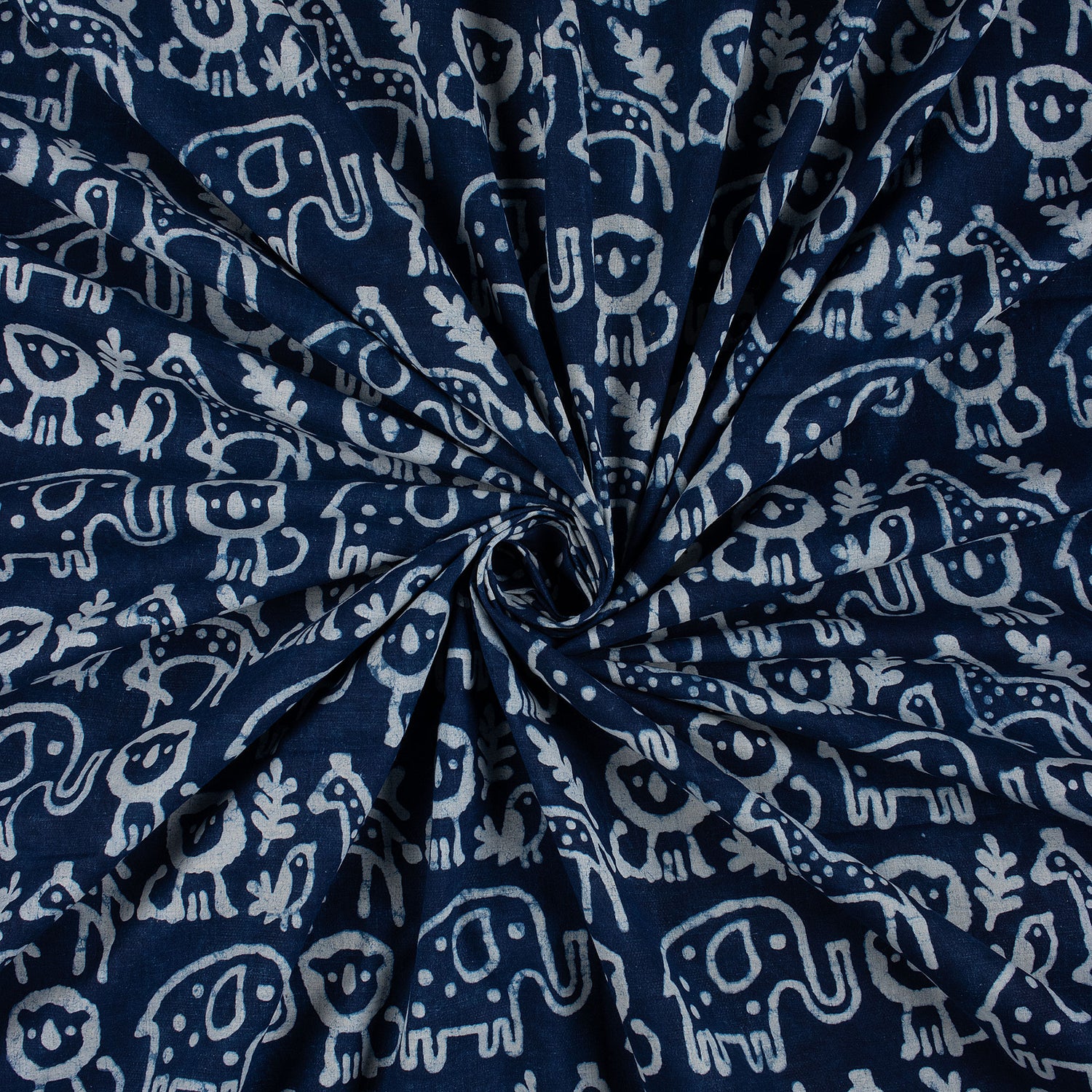 Hand Block Animal Printed Indigo Dye Fabric by the Yard