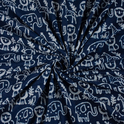 Hand Block Animal Printed Indigo Dye Fabric by the Yard