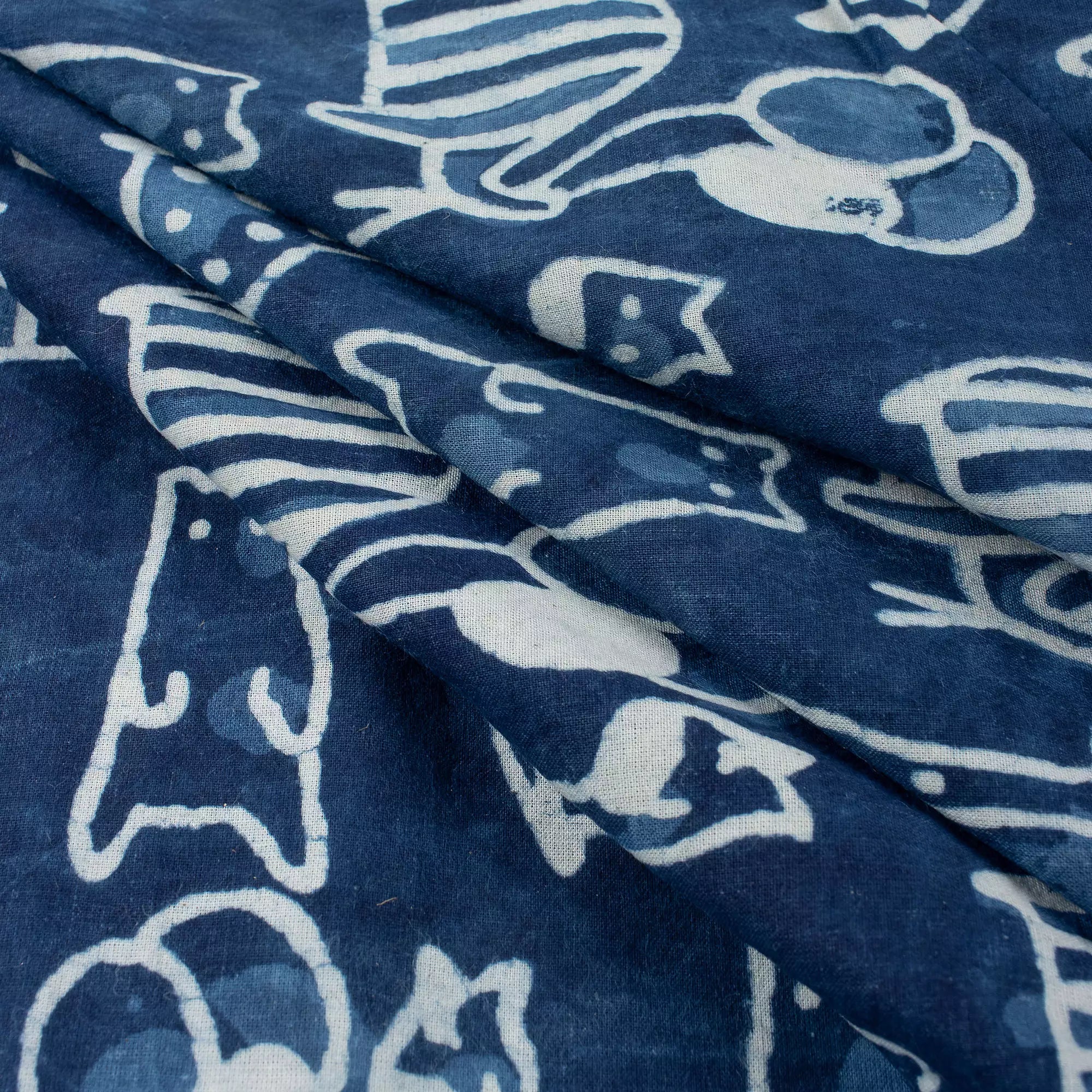 Giraffe and Bear Indigo Motif Cotton Fabric
