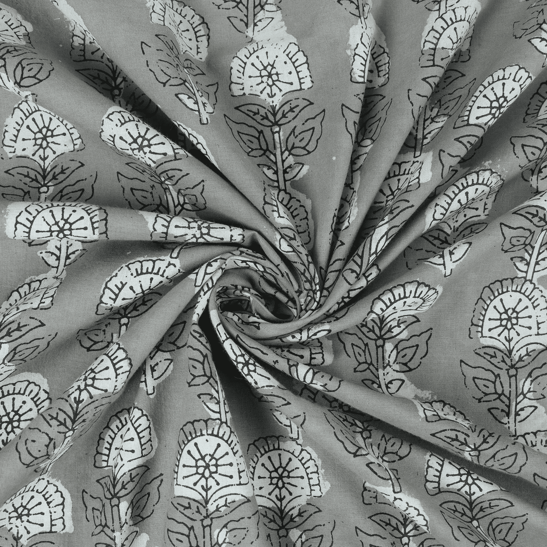 Kshish Grey Floral Block Print Fabric Pure Cotton