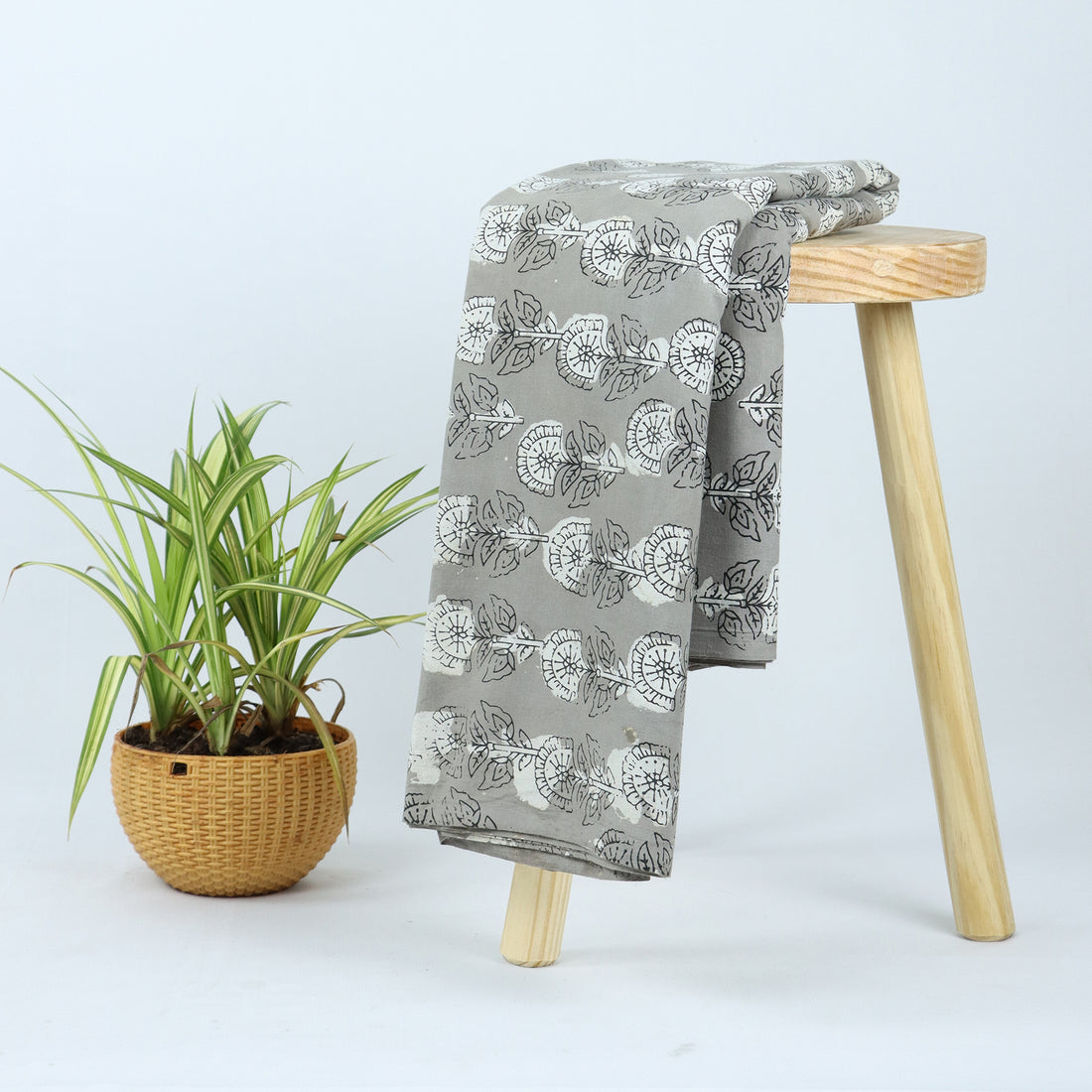 Kshish Grey Floral Block Print Fabric Pure Cotton
