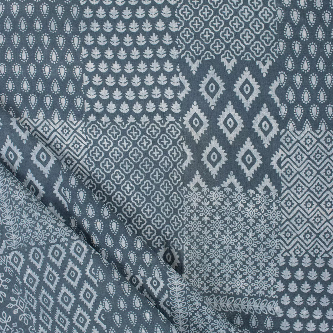 Blue Block Printed Cotton Kashish Fabric