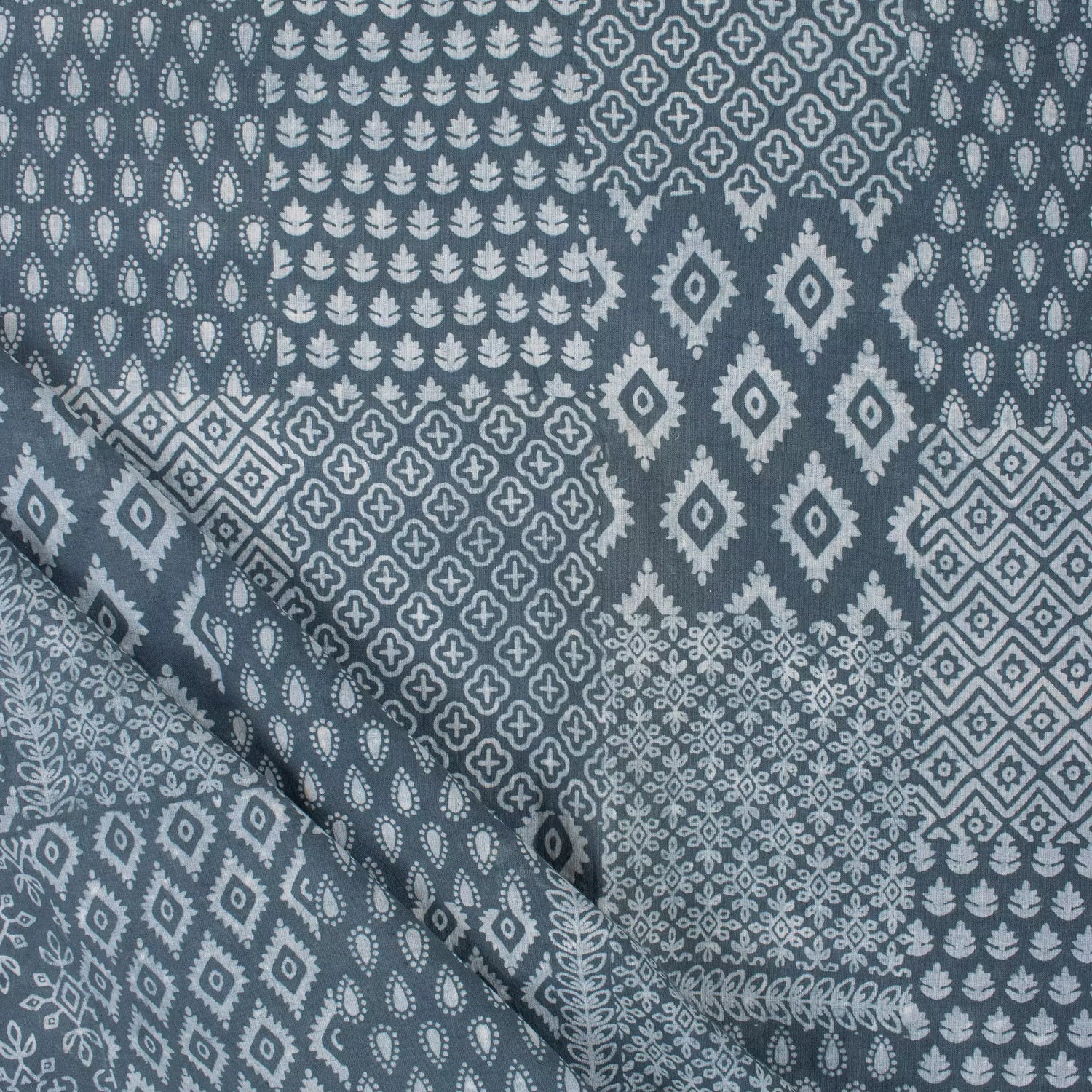Blue Block Printed Cotton Kashish Fabric