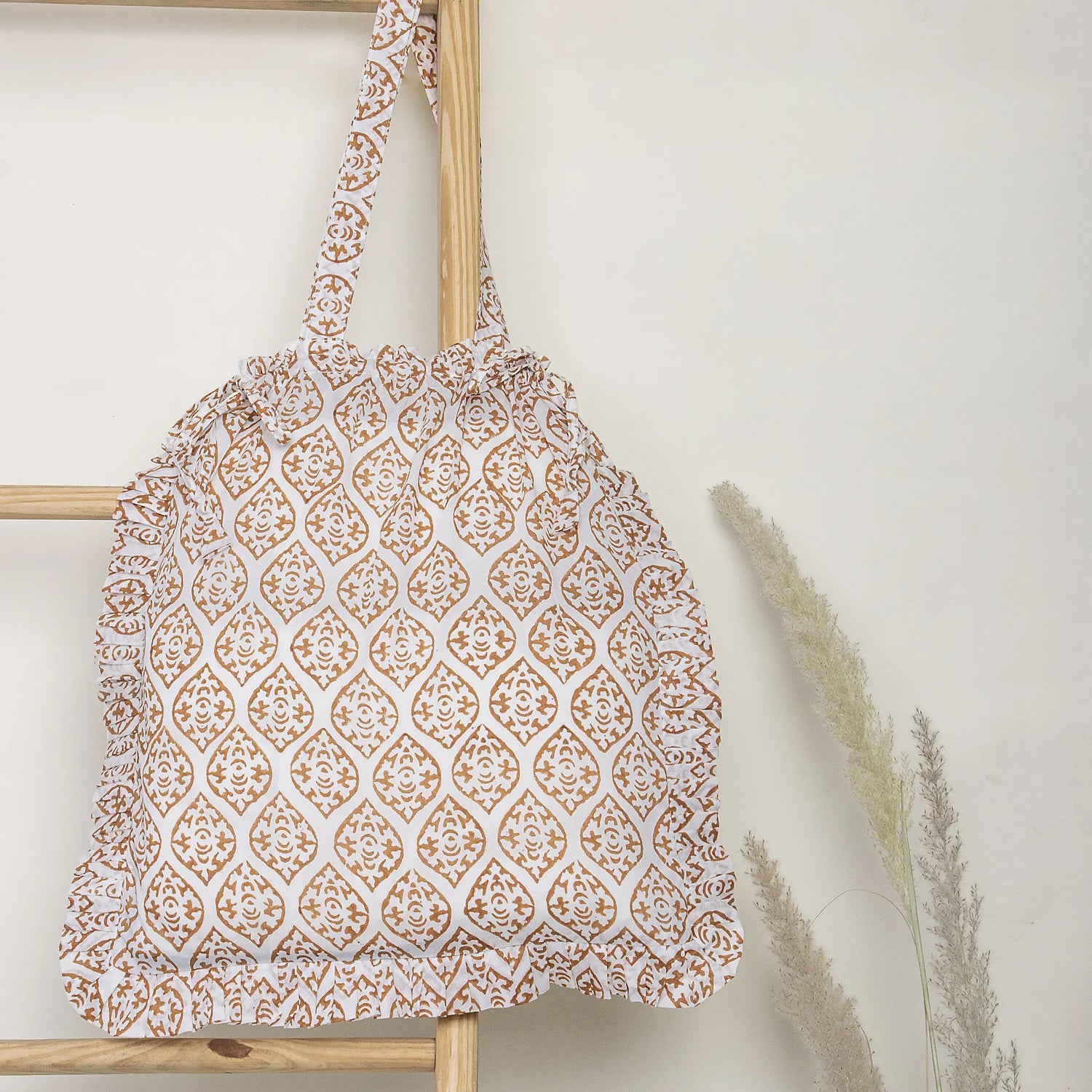 Brown Leaf Pure Cotton Block Printed Indian Women's Tote Bags