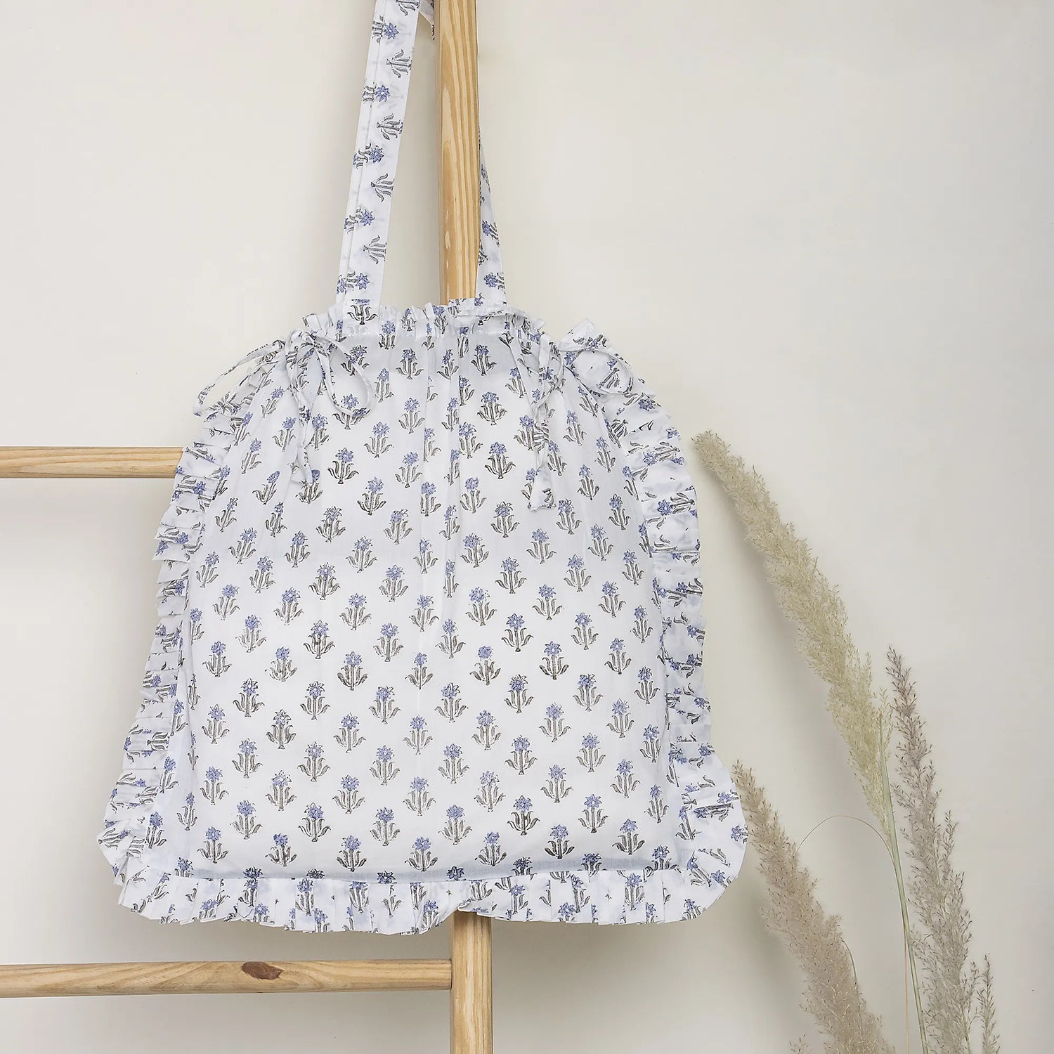 Blue Blossom Print Solid Tote Bags