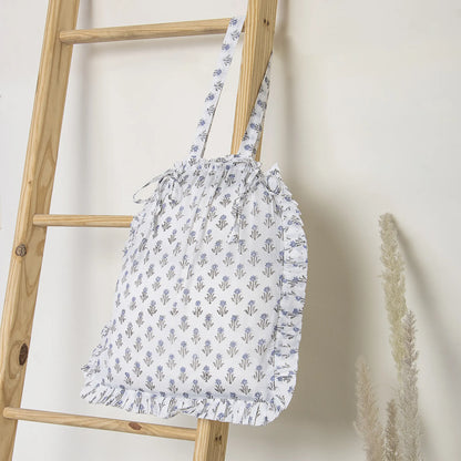 Blue Blossom Print Solid Tote Bags