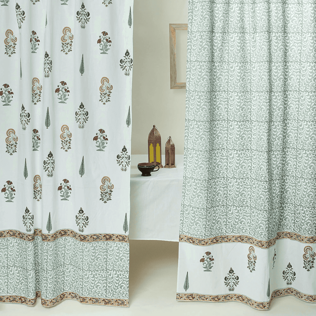 Luxury White Floral Hand Printed Window Curtains Set of 2