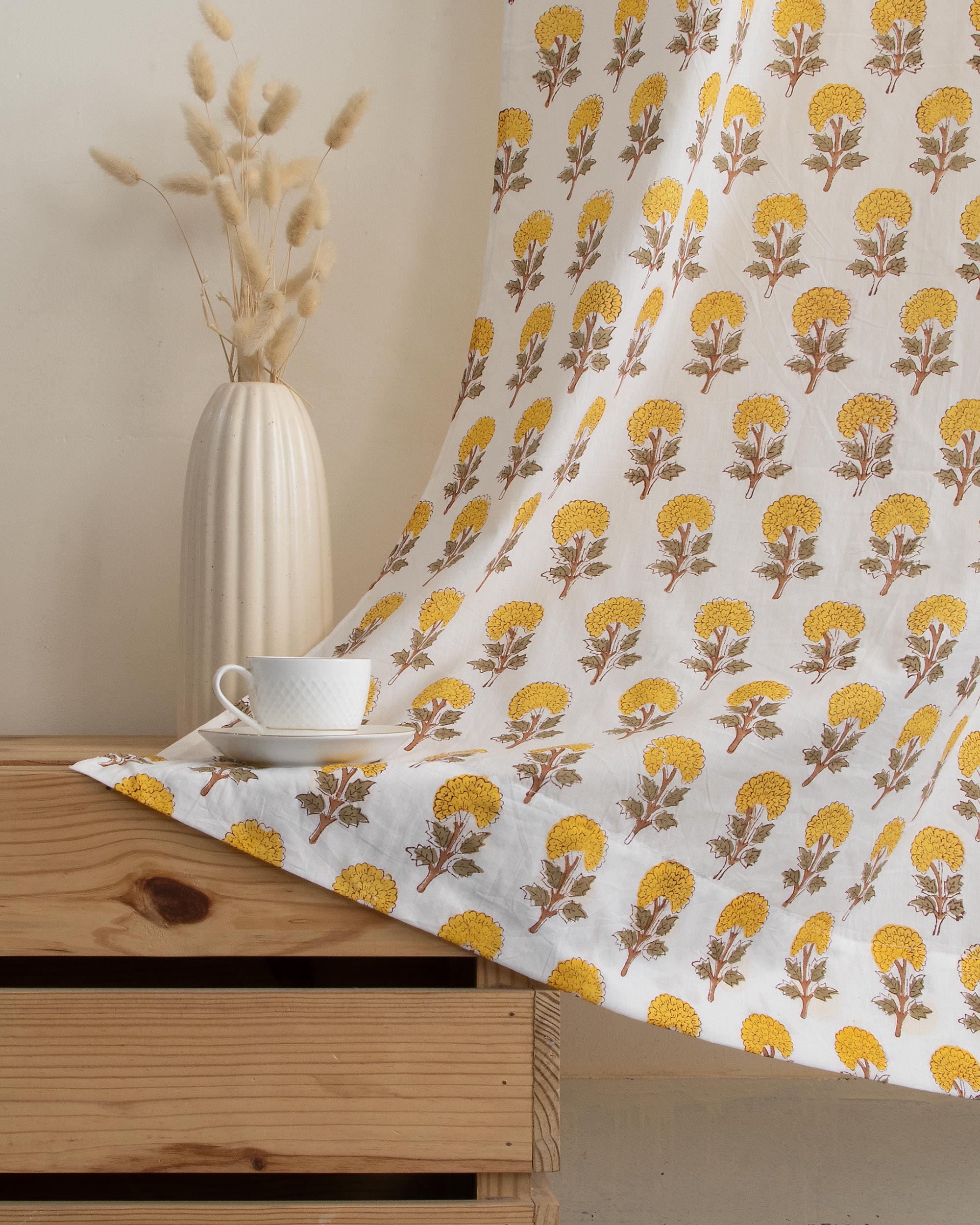 Yellow Floral Block Printed Cotton Curtains