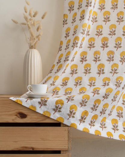 Yellow Floral Block Printed Cotton Curtains
