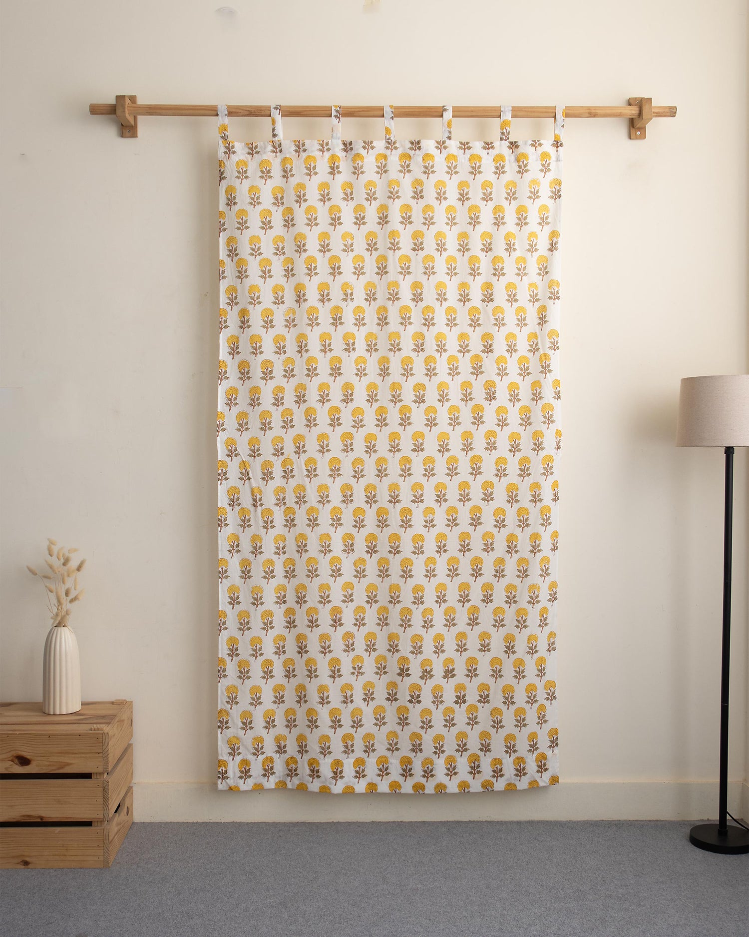 Yellow Floral Block Printed Cotton Curtains
