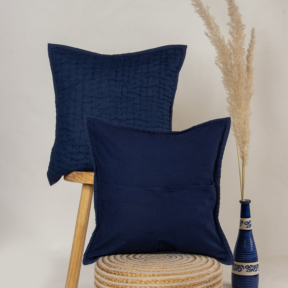 Stunning Blue Hand Block Ccotton Kantha Cushion Cover