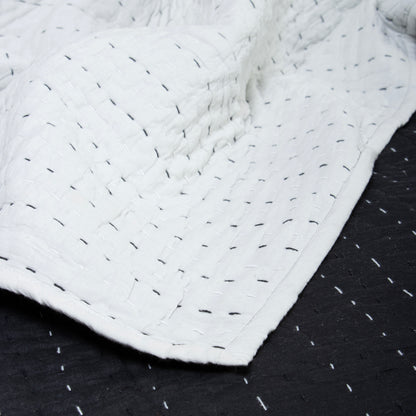 Modern Solid Black Hand Stitched Cotton Kantha Quilt Blanket