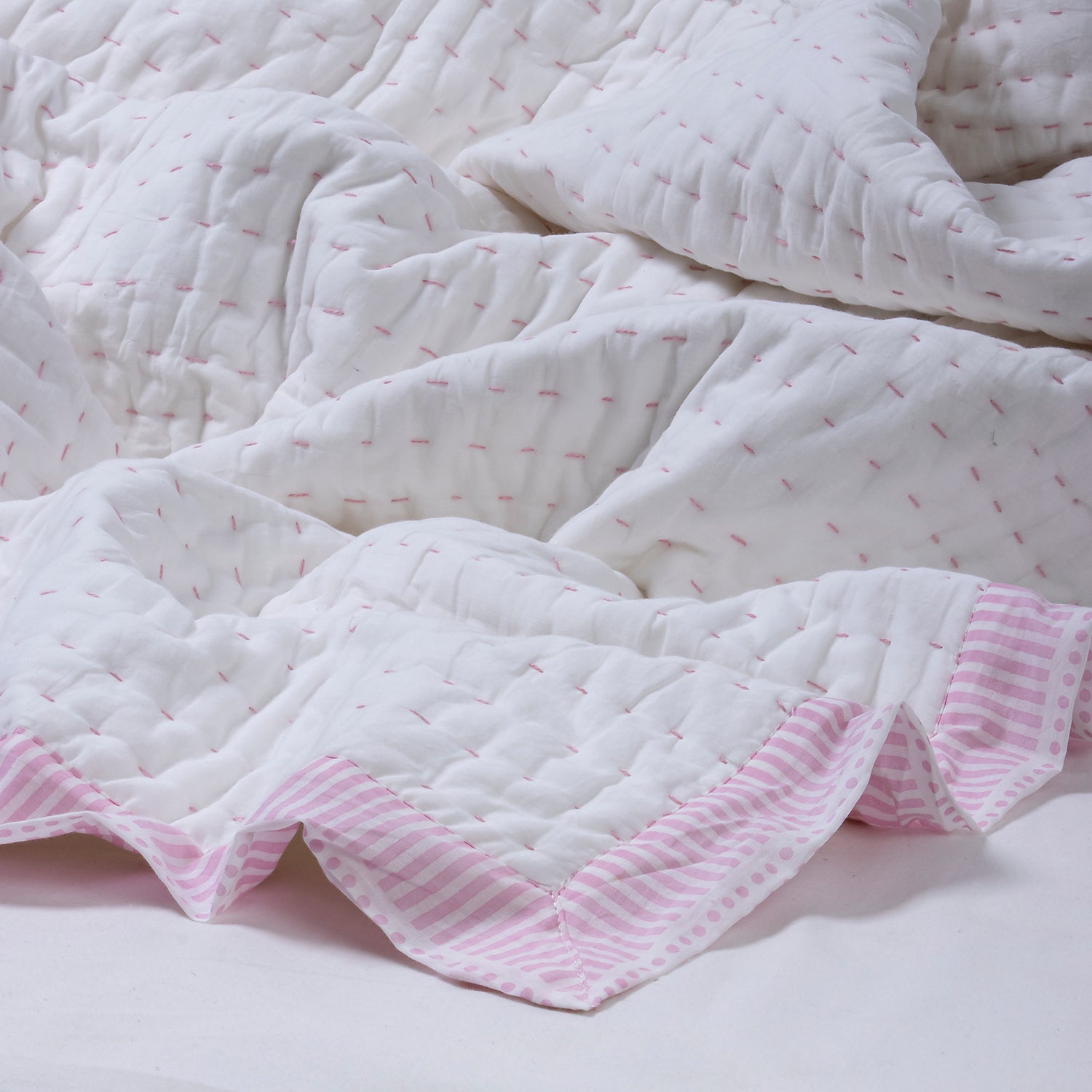 White Pure Cotton Indian Stitched Kantha Quilt Blanket