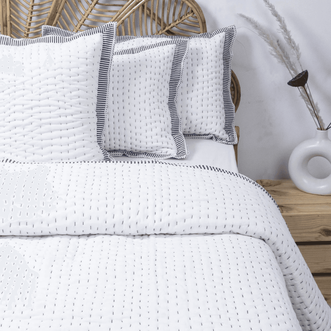 White Stripe Print Handmade Jaipur Kantha Quilt Online